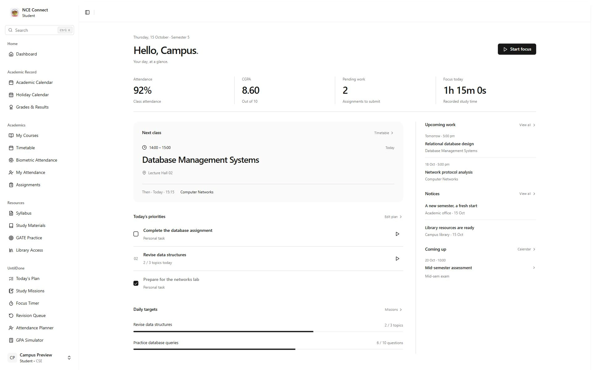 Actual NCE Connect student dashboard with fictional preview records