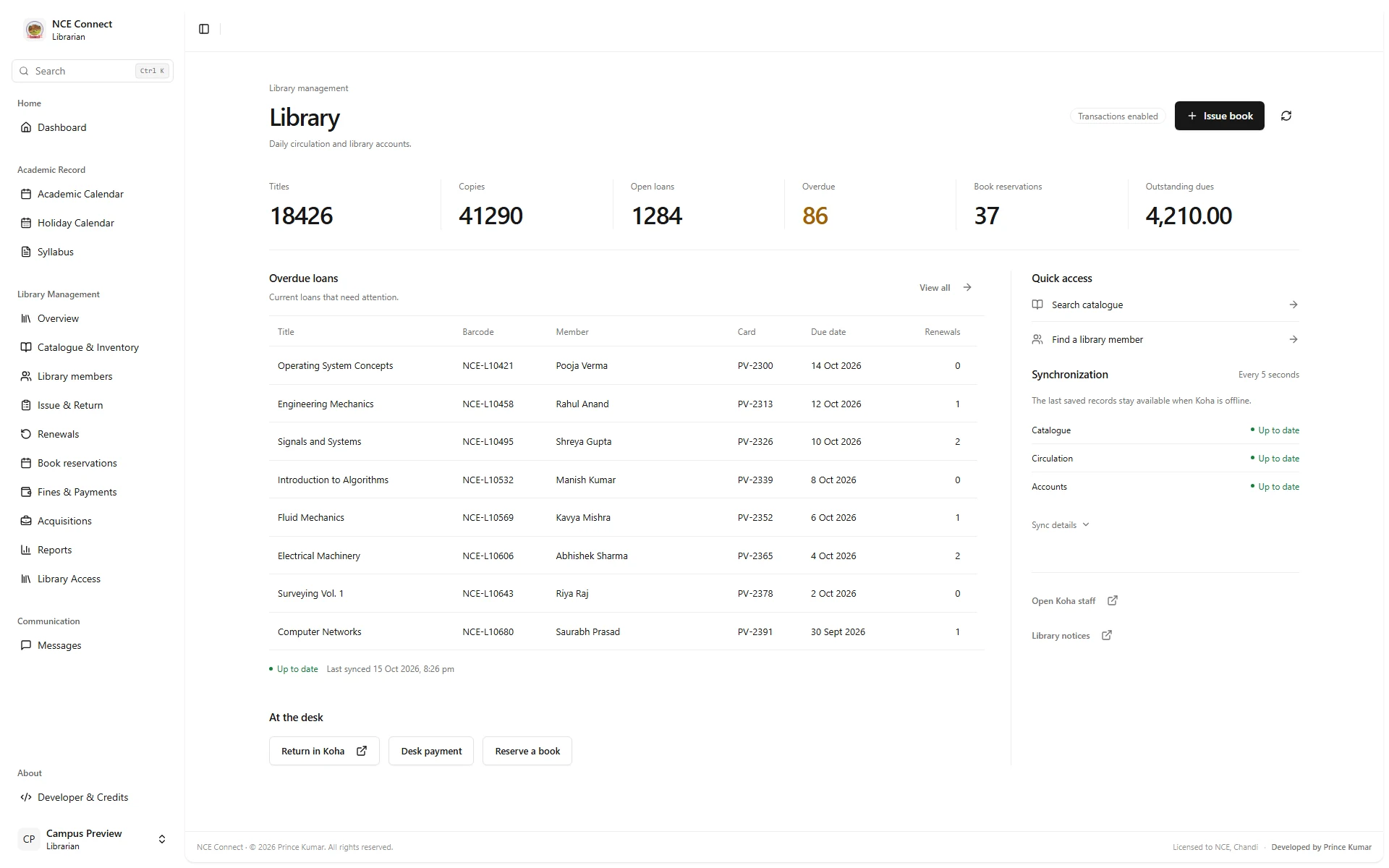 Actual NCE Connect library overview, captured locally with fictional preview records